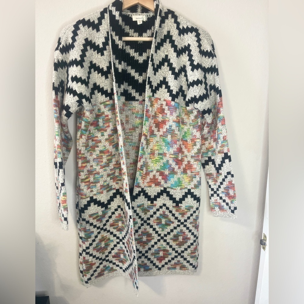Debut Multicolor Geometric Open Front Long Cardigan Sweater Women's XS Boho